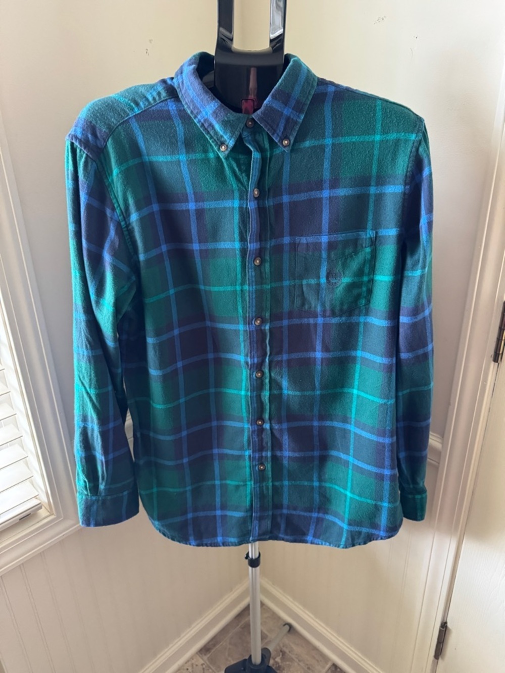 Chaps Men's Green and Blue Plaid Shirt